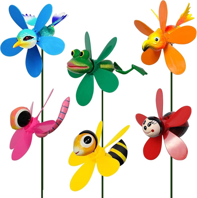 DECEED 6 Pack Garden Decor Pinwheels Wind Spinners with Metal Stakes Colorful 3D Insect Whirligigs Windmill Outdoor Pinwheel for Yard Garden Lawn Decorations - Image 1